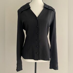 ESCADA Black Silk Blend Button Down Blouse Bead Detailing Size 36 Women’s